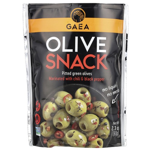 Olive Snack, Pitted Green Olives, Marinated With Chili & Black Pepper, 2.3 oz