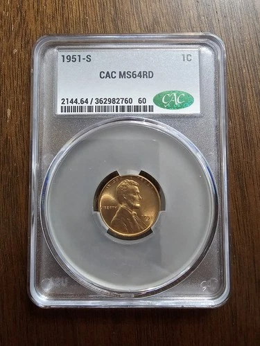 1951-S 1C Lincoln Wheat One Cent  CACG MS64 RD Uncirculated Red Wheat Penny CAC