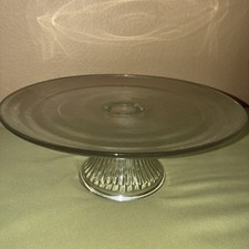 Vintage Anchor Hocking Monaco Ribbed Glass 11" Cake Stand With Frosted Plate