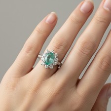 Striking Colombian Green Emerald 1.35Ct 925 Sterling Silver Halo Rings Size 6.5