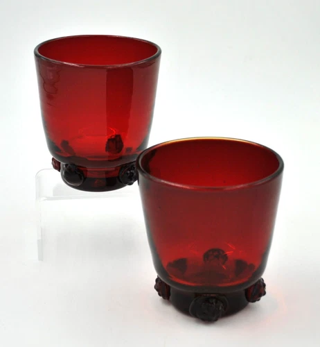 Pair Vintage Blenko Glass Old Fashioned Glasses Applied Prunt Design #445OF Ruby