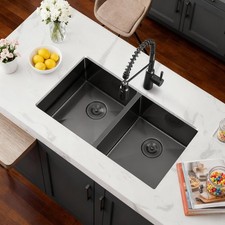 32'' x 19" Black Kitchen Sink, Undermout 50/50 Double Bowl Stainless Steel Sink