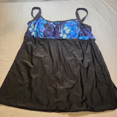 Delta Burke Swimwear Plus Size 20W Black Blue Floral Skirted Tankini Swim Dress