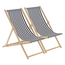 2x Folding Wooden Deck Chairs Adjustable Canvas Beach Lounger Black Stripe