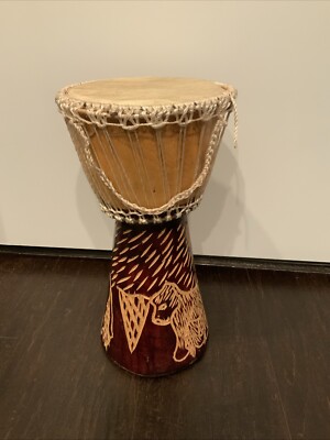 Vintage Hand Carved African Wood Drum Djembe Bongo 14  Tall 7.5  Wide