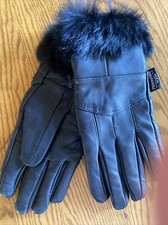 Women  s Black Soft Leather Gloves w/ Black Fur Trim Thinsulate Lining Medium New