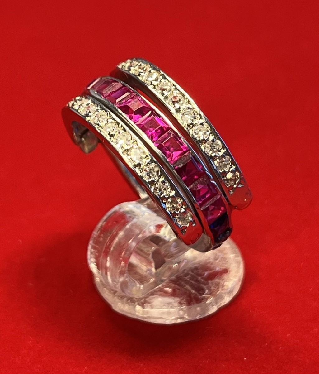 Antique 1920s Platinum Sapphire Ruby and Diamonds Reversible Ring Size