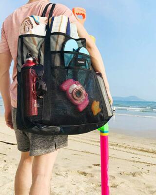 28''x15'' Extra Large Summer Beach Mesh Bag Tote w/Zipper & 8 Pockets XL Sandproof