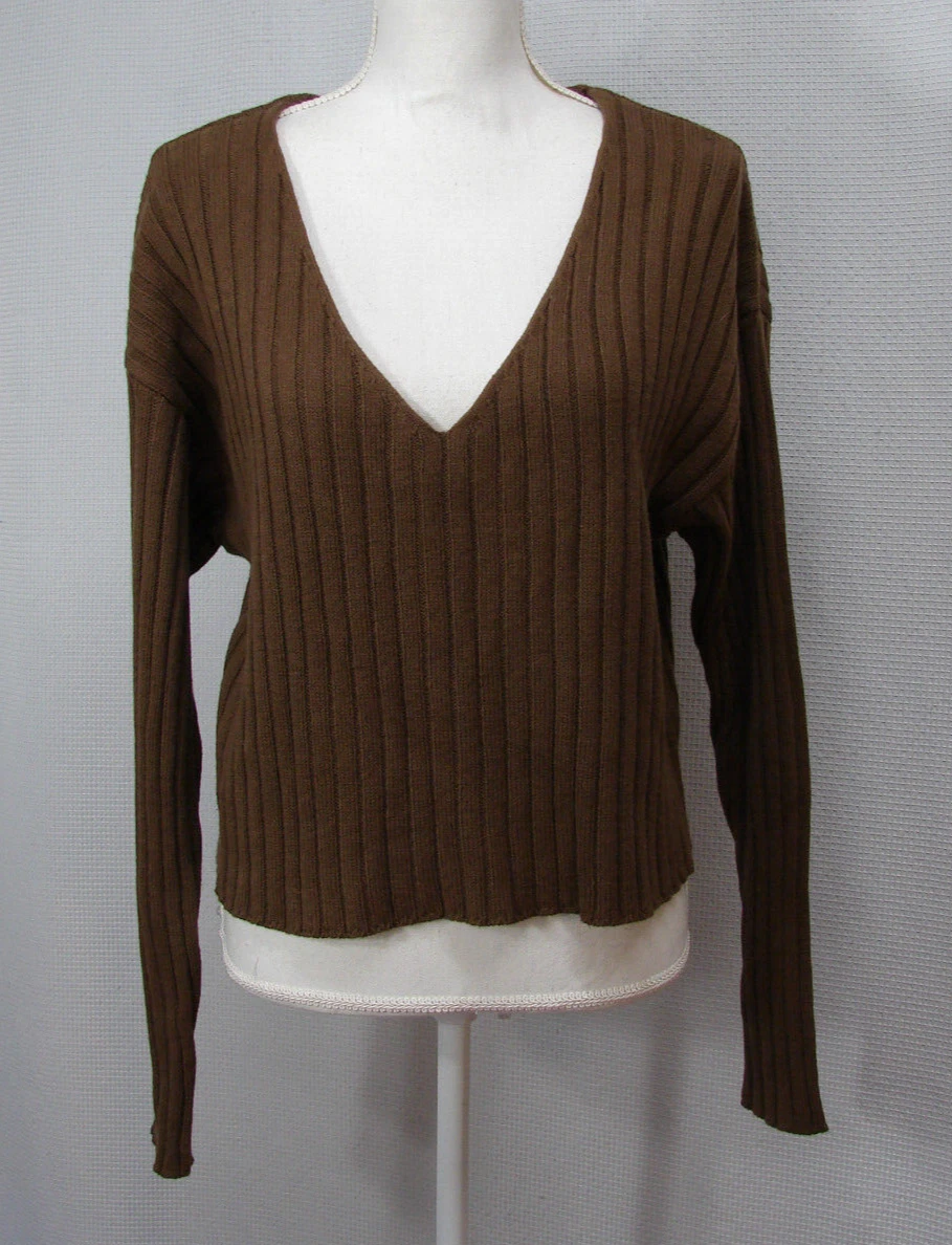 New Abound Cropped Ribbed Knit Sweater Deep V Neck Brown Slouchy