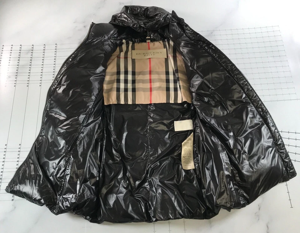 Burberry Down Jacket Womens Petite Large Black Stowaway Hood Zip Front Puffer - Image 4 of 4