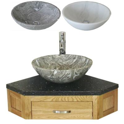 Badezimmer Waschtischunterschrank Eiche Eckwaschtisch Schwarz Quarz & Stein Waschbecken 501W