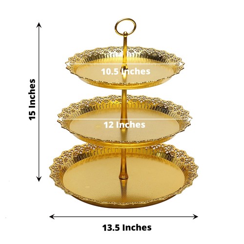 Gold 15" Plastic 3 Tier Metallic Round Cupcake Display Tower Lace Cut Rim Party - 第 2/9 張圖片