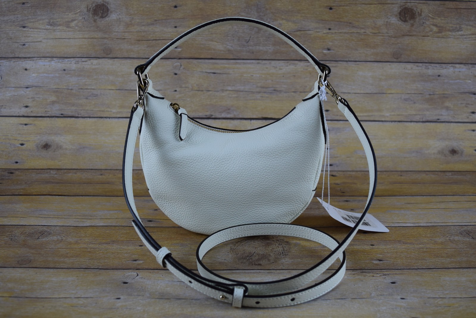 NWT Authentic JIMMY CHOO Grainy Leather Mini Crossbody Hobo Bag Logo Milk Gold
