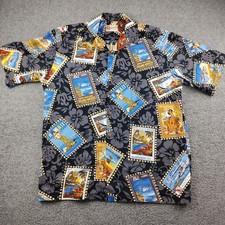 VTG Hilo Hattie Hawaiian Shirt Black Floral PostCard Camp Collar SZ Large Men's