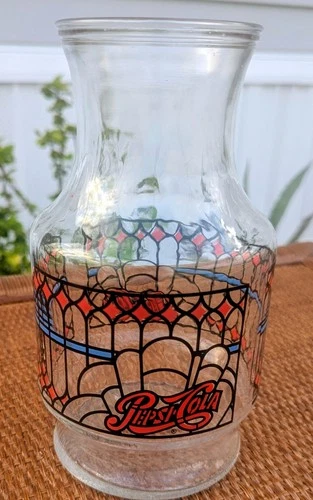 Vintage Pepsi Cola Tiffany Style Cathedral Stained Glass Carafe/Pitcher 1970's