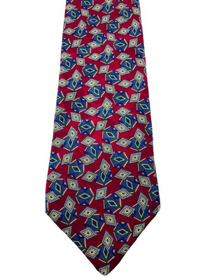 TOM JAMES Vintage Silk Hand Made Tie Designer Geometric Gray/Red/Blue  EUC #0074