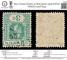 8111 : Ceylan SG302 3c Bleu-Vert 1919 Sc#202 Mi167b Utilisé C£45