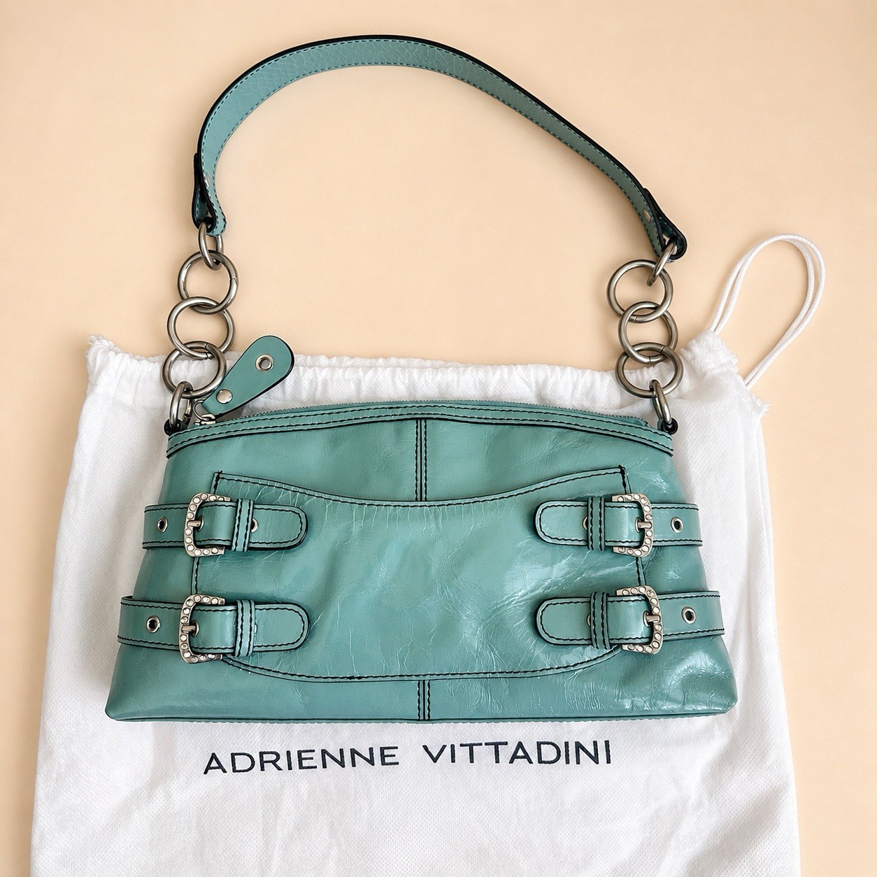 NEW Adrienne Vittadini Y2K Teal Shoulder Bag Textured Leather Silver Buckle