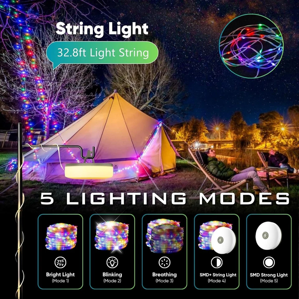 4 In 1 Portable Camping String Lights USB Rechargeable 33FT LED Tent Lamp Xmas - Image 4 of 4