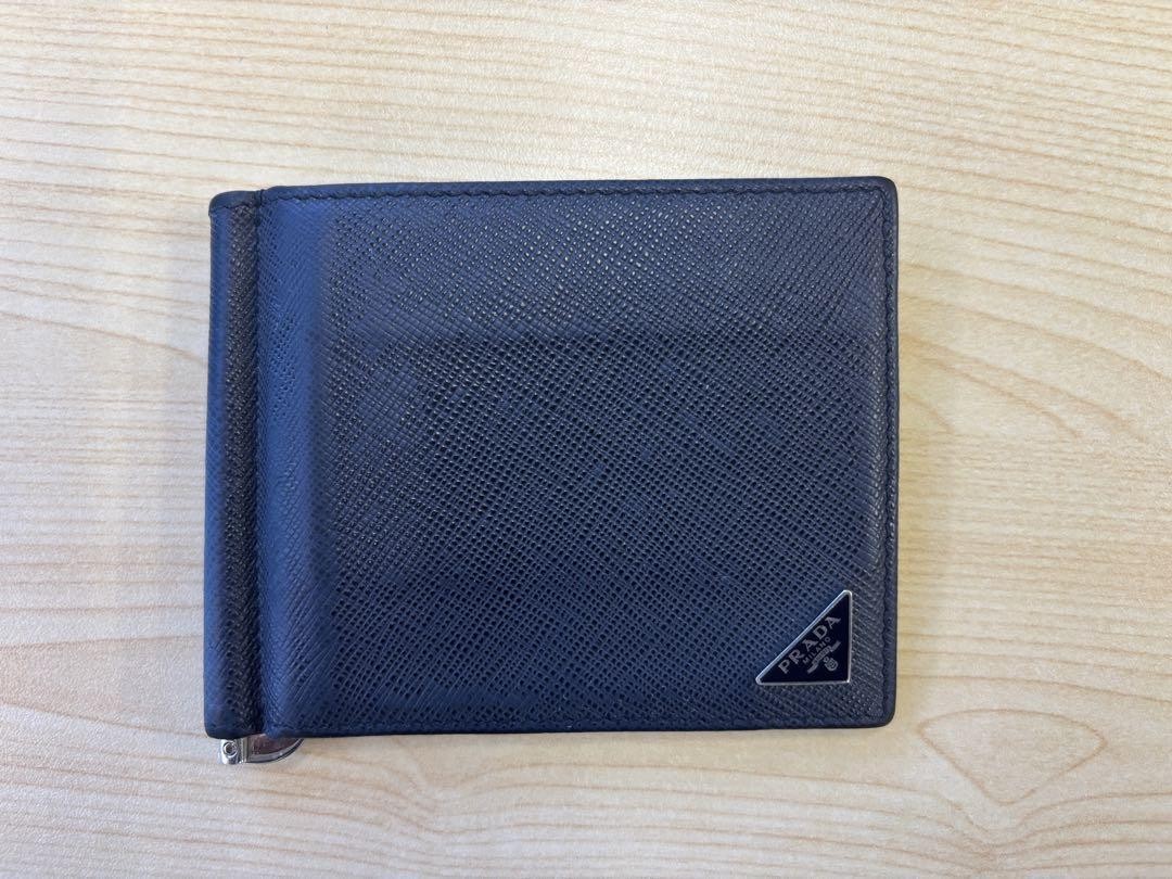 Prada Navy Blue Leather Money Clip Wallet with 6 Card Slots 4.3x3.3in-image