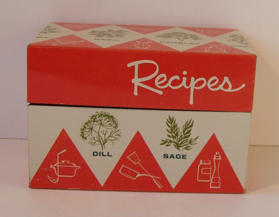 Rare Vintage Tin Metal Recipe Box Stylecraft Herbs and Utensils, Lot #113