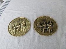 SET OF 2 Vintage Round Solid Brass Embossed 5-7/8" WALL PLAQUE HANGERS ENGLAND