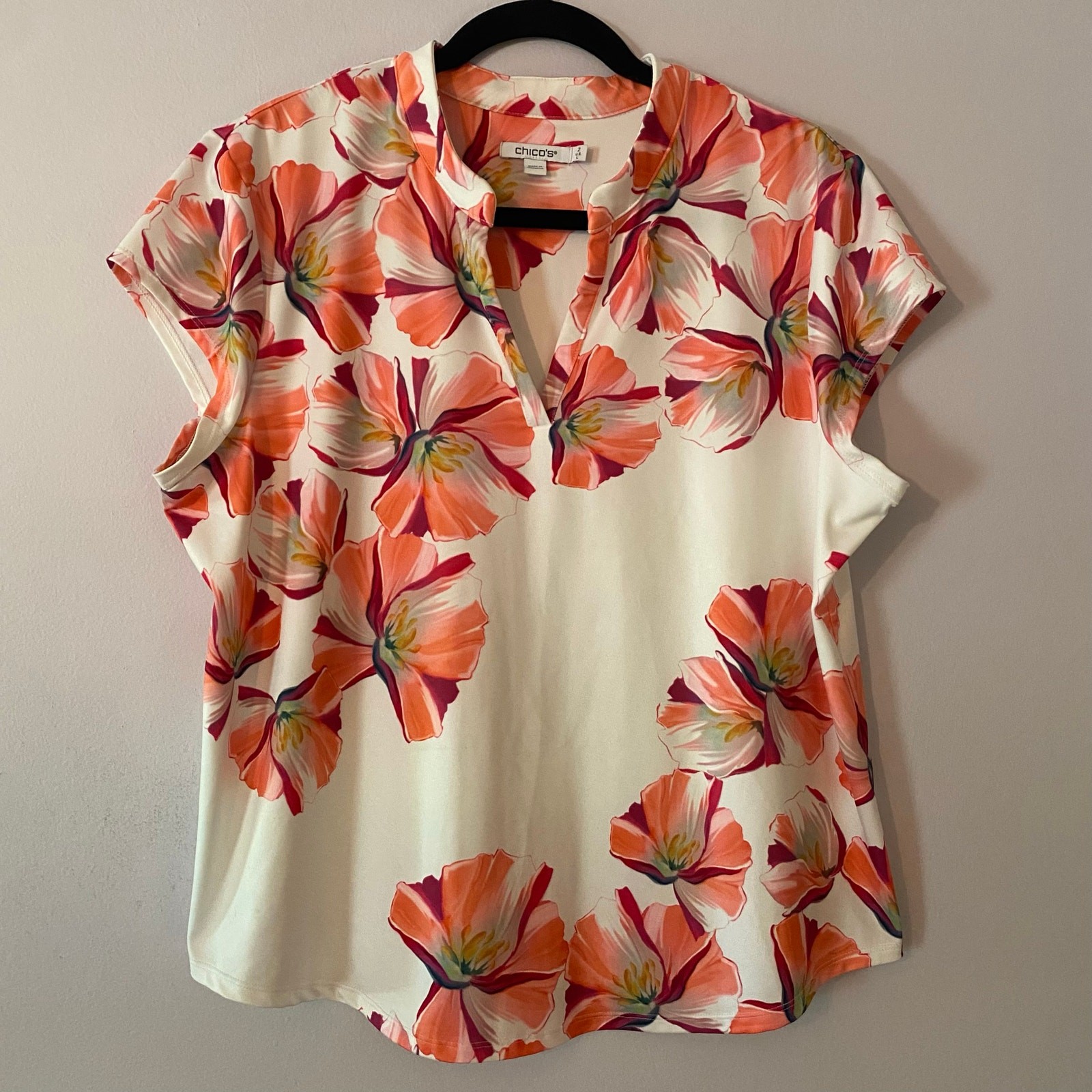 Chico's White Orange Pink Floral Popover Short Sleeve Top Women's size 2 / Large