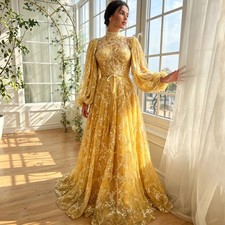 Luxury Gold Prom Dress High Neck Puff Sleeves Lace Sequins Applique Evening Gown