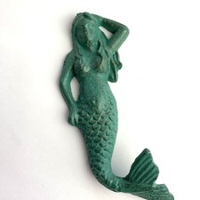 Mermaid Wall Hook Cast Iron Coat Hanger Ocean Nautical 5.75" Tall Aqua Blue