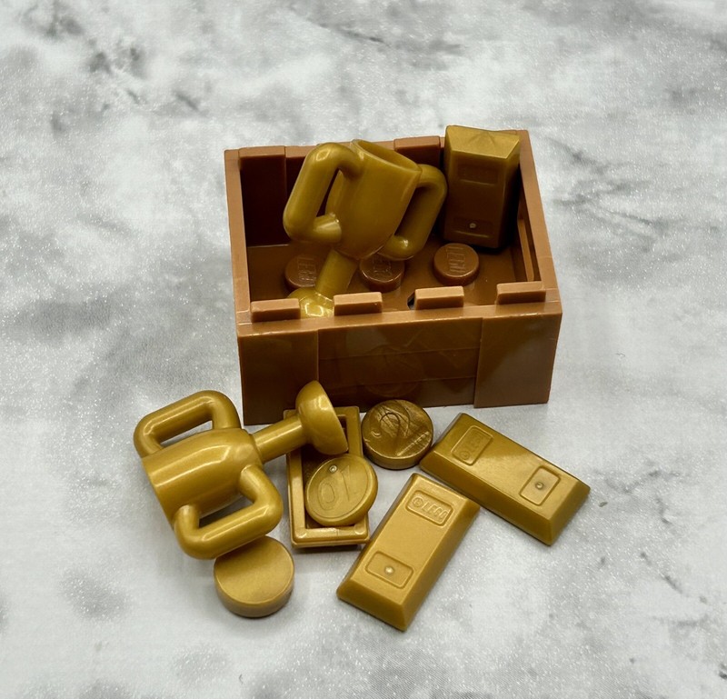 Lego Bulk Lot Parts Treasure Box Container Crate w Pearl Gold Bars Cups Coins
