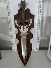 FANTASY DAGGER WITH ETCHED BLADE AND WOOD MOUNTING PLAQUE