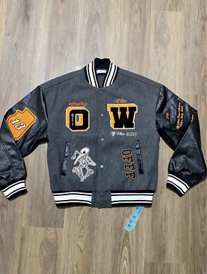 Off White Patch Embellishment Varsity Bomber Jacket 