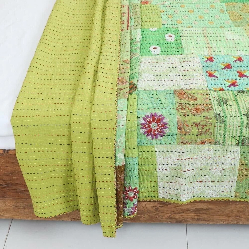 Manta de seda Kantha edredón indio patola bohemia colcha ropa de cama grande Foto 3 de 4
