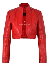 Ladies Elegant Look Real Leather Red Cropped Shrug Bolero Slim-Fit Jacket Ashley