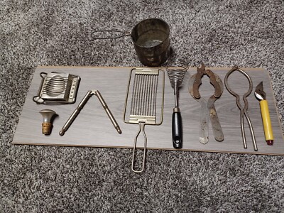 Lot of 9 Vintage Kitchen Items - Opener Nut Cracker Sifter Egg & Bread Cutter