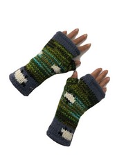 Hand Knitted Lined Wool Wrist Arm Warmers Green Sheep Fingerless Gloves Mittens