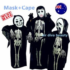 Ghost Halloween Mask  cape Black Skeleton Bone Skull Costume Tops Gown Cover