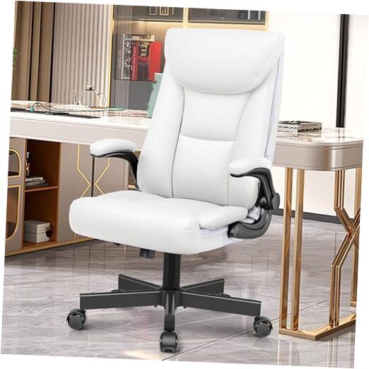 Executive Office Chair, Leather Ergonomic Office Chair Big White Flip-Up Arms