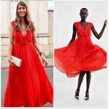 Zara Red Flowing Pleated Maxi Ruffled Long Wedding Party Dress Size M 