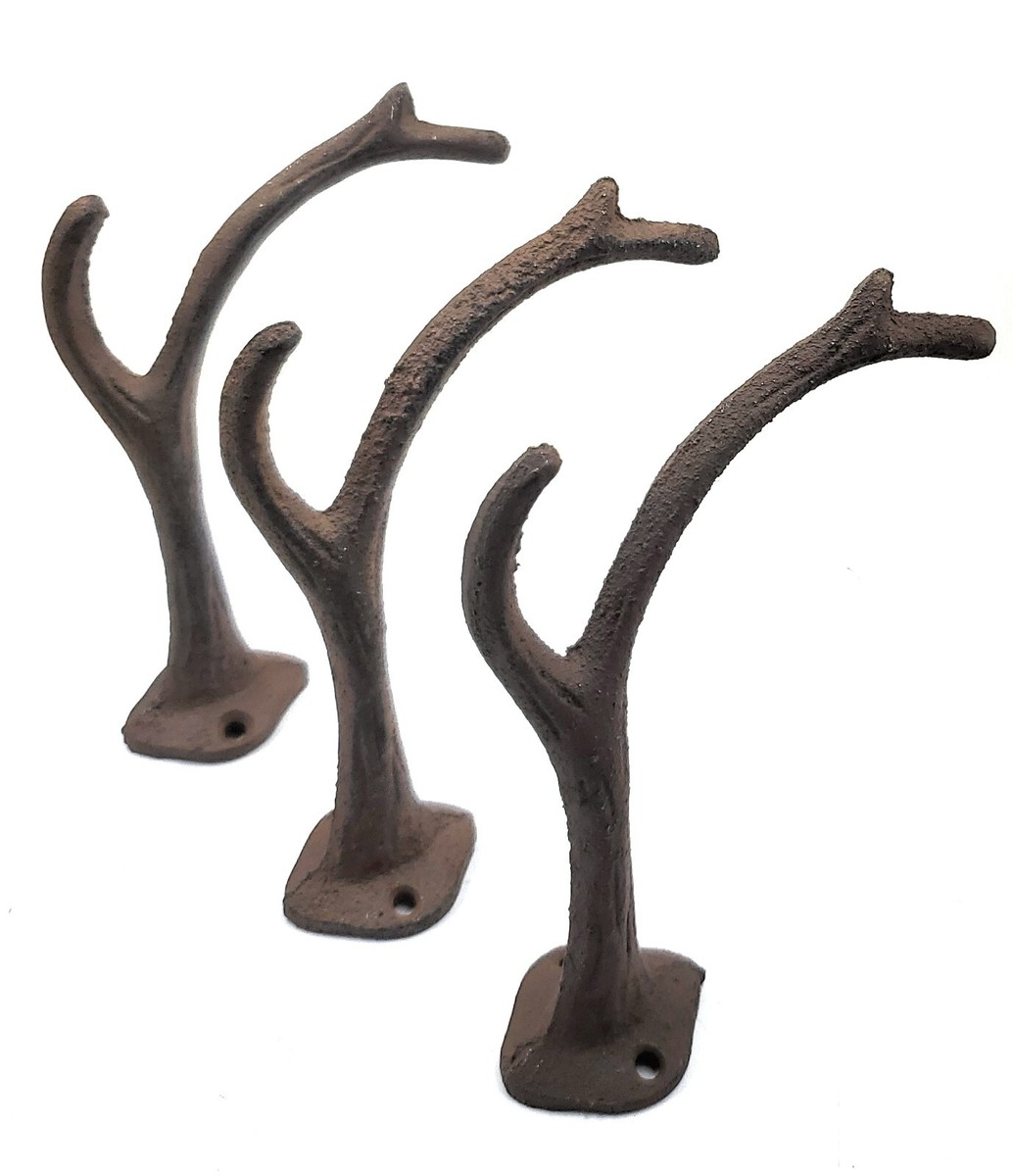 Rustic Deer Antlers Wall Mount Coat Hook Cast Iron Cabin Decor Set