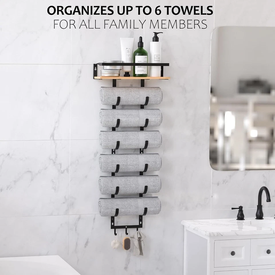 Toalleros para Toallas Enrolladas, Toallero de Pared de Baño con Estante de Madera y 3 H Foto 3 de 4