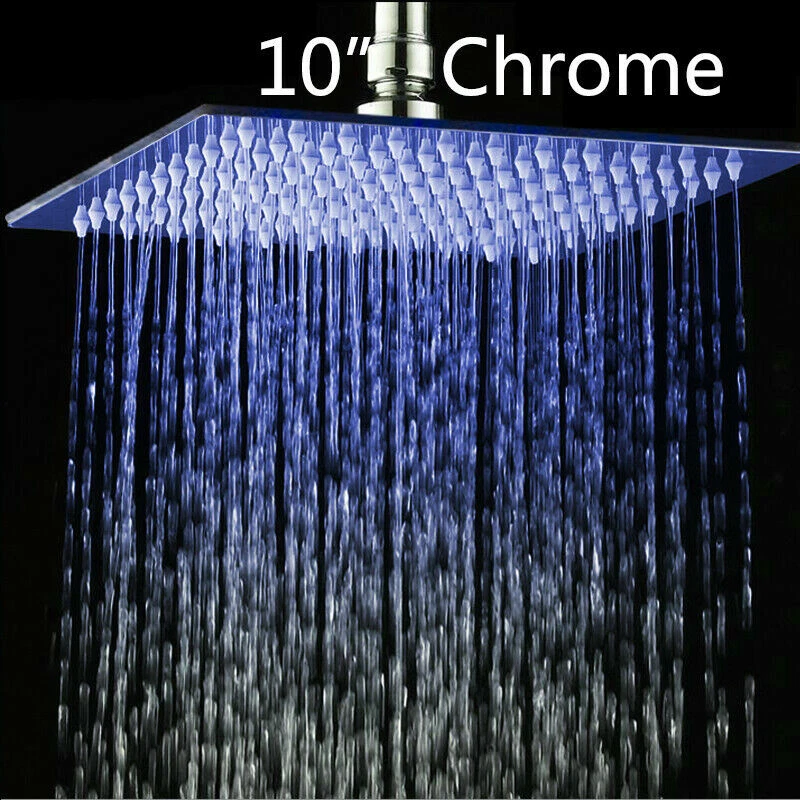 10 inch LED Square Ceiling/Wall Mount Rain Shower Head Mixer Faucet Tap No Arms