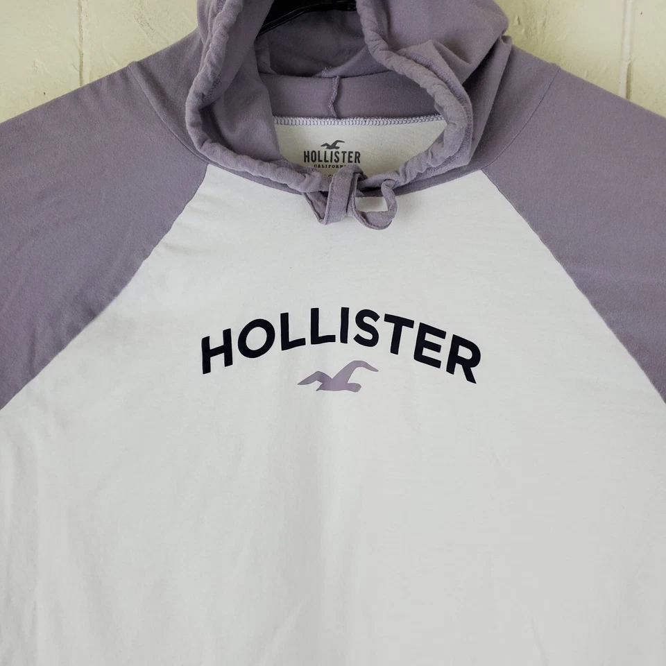 Hollister Sudadera con Capucha Mujer Extra Grande Blanco Púrpura Logo Manga Larga Cordón Recortado Foto 3 de 4