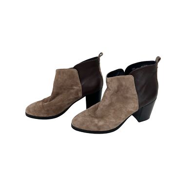 Lands  End Womens Ankle Boots 10 Brown Leather Suede Chunky Heel Slip On Pull On