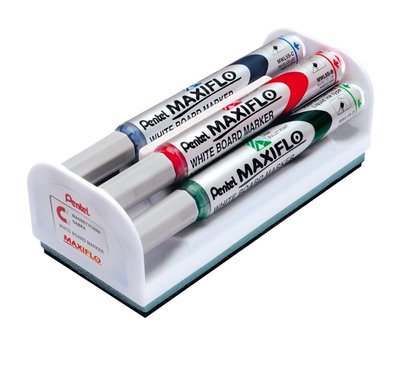 Pentel Maxiflo Medium Dry Wipe Markers and Magnetic Eraser Set Bullet Tip