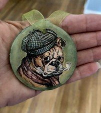 English Bulldog Whimsical Portrait Handmade Wood Ornament With Gift Box