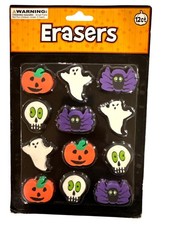 12 Ct Mini Erasers Approx. 1.25" HALLOWEEN Pumpkins Ghosts Bats Skulls
