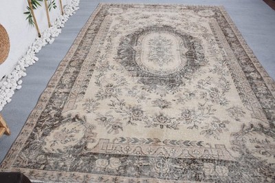Turkish Vintage Rug, 6,6x9,8 ft Rug, Beige Large Polka dot Rug
