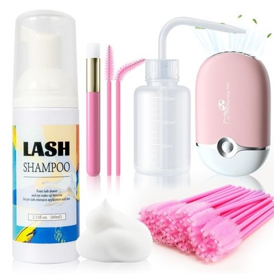  Lash Shampoo - 60ML Lash Cleanser with Fan Brush, Rinse Bottle and 50 Pcs Masca