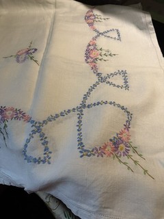 Vintage Hand Embroidered Lge Table Cloth Floral Design